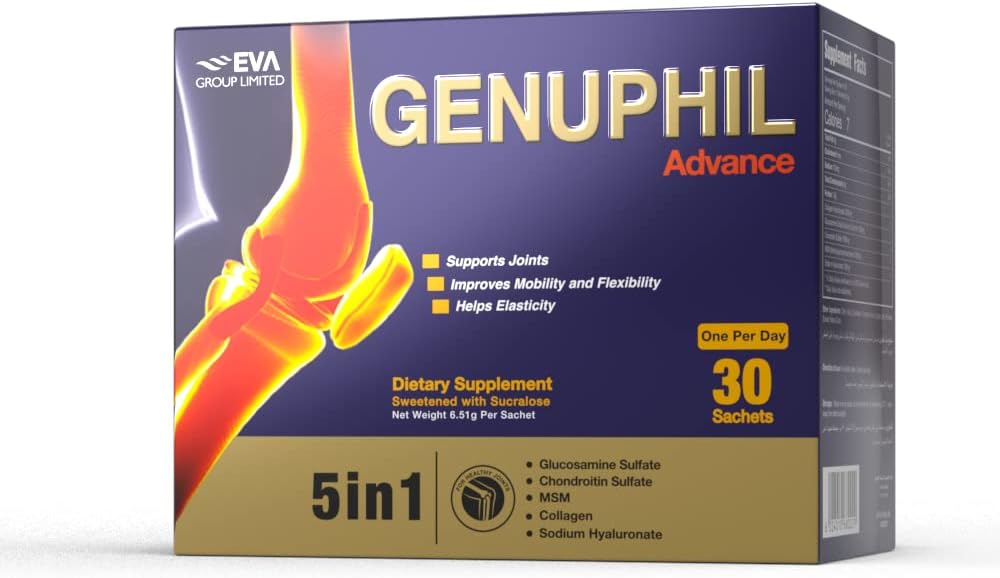 Eva Pharma Genuphil Advance 5 In 1 Glucosamine, Collagen, Chondroitin, MSM & Sodium Hyaluronate Supplement 30-Sachets