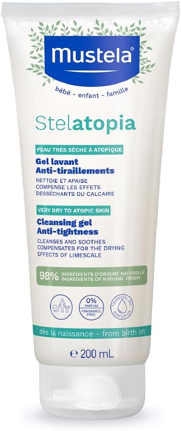 Mustela Stelatopia Eczema-Prone Skin Cleansing Gel - Baby Face & Body Wash with Natural Avocado & Sunflower Oil - Fragrance-Free & Tear Free - 200ml