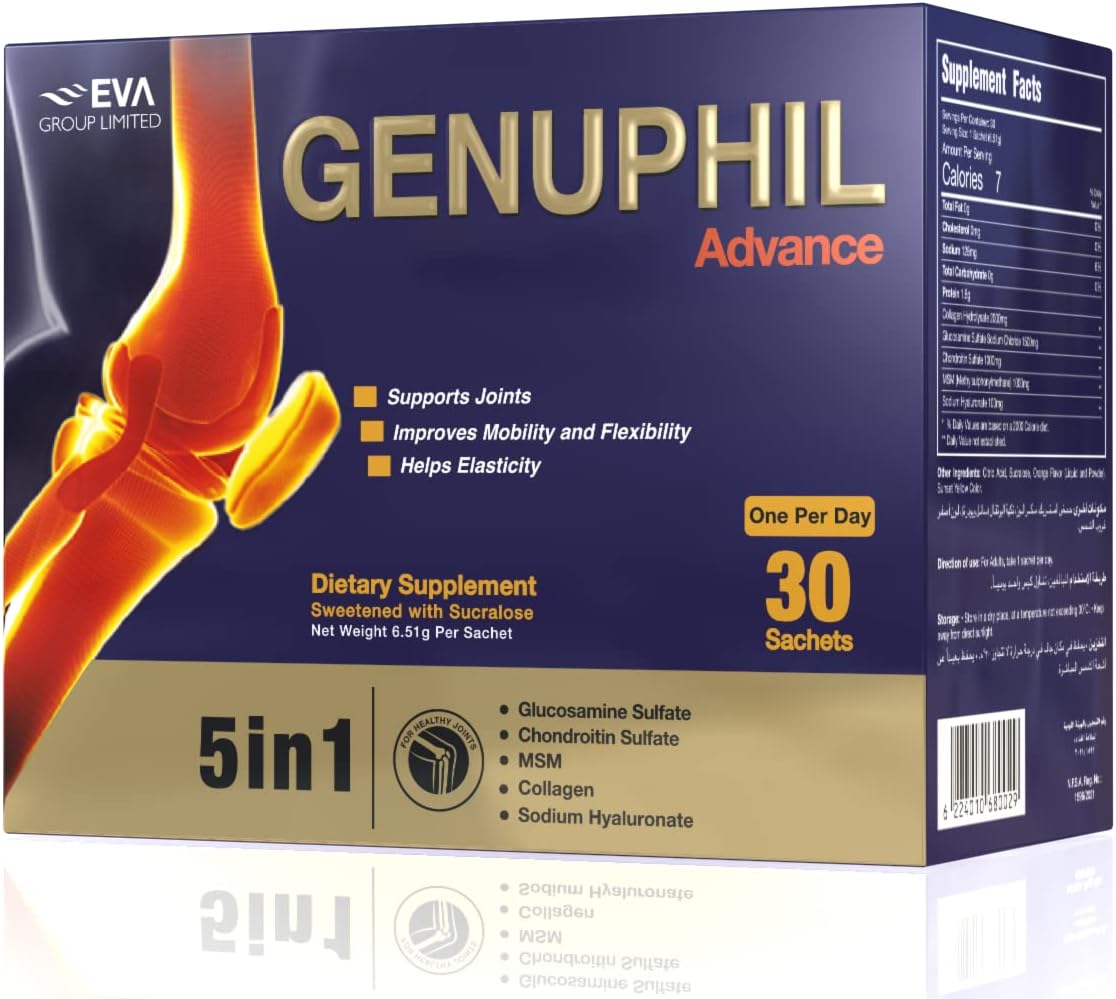 Eva Pharma Genuphil Advance 5 In 1 Glucosamine, Collagen, Chondroitin, MSM & Sodium Hyaluronate Supplement 30-Sachets