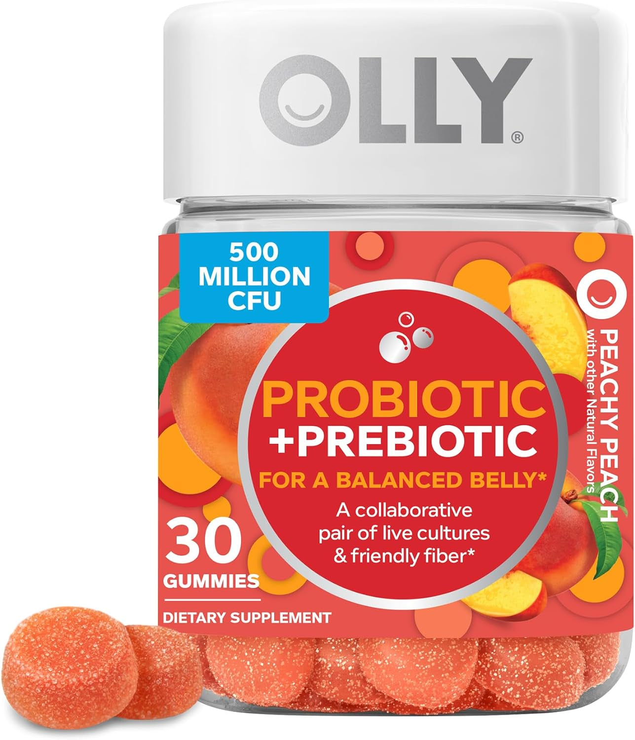 "OLLY Peach Probiotic + Prebiotic Gummy - Digestive Support & Gut Health, 500 Million CFUs, Fiber, 30 Day Supply"