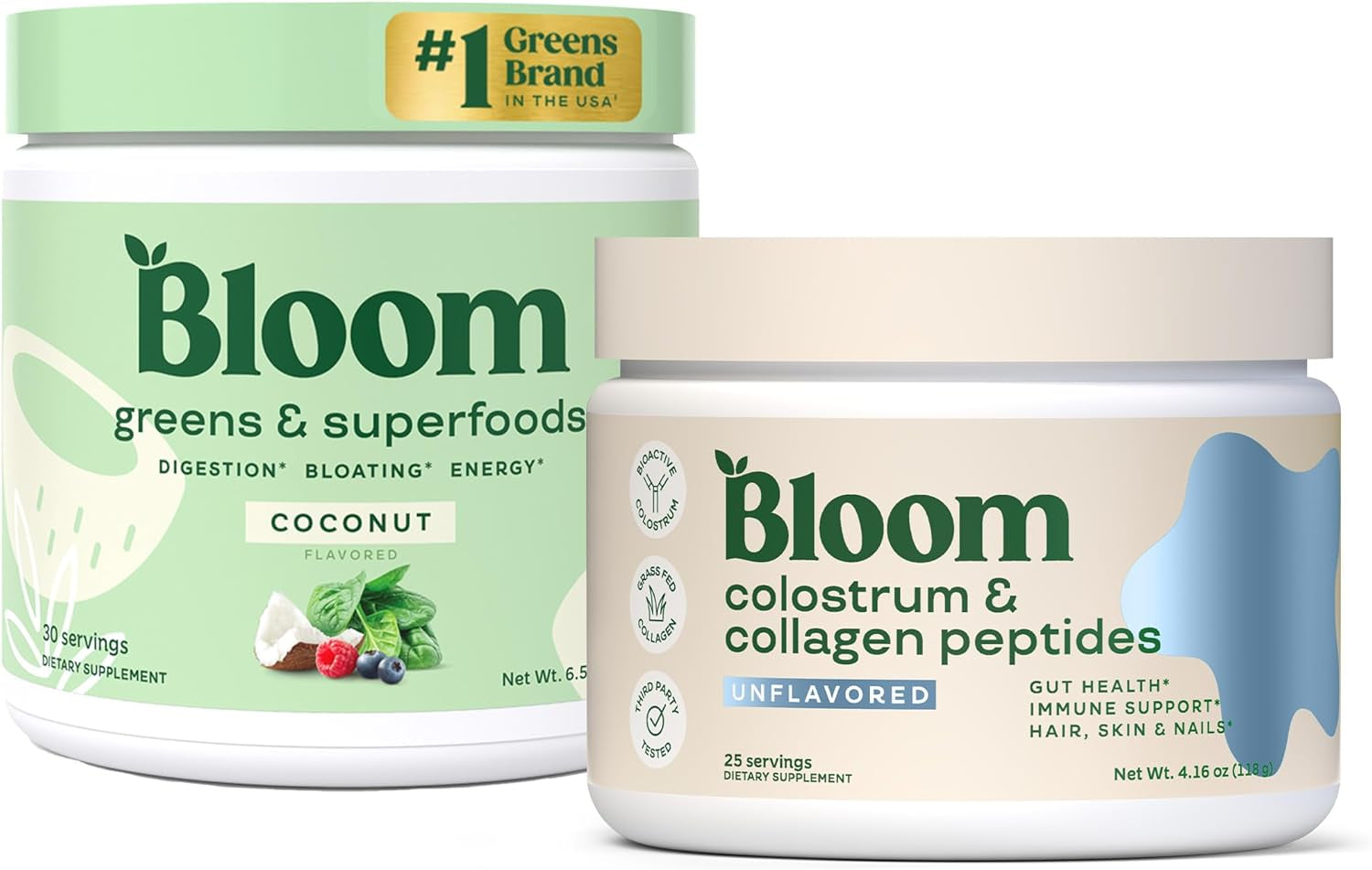Premium Bloom Nutrition Superfood Greens Powder with Digestive Enzymes, Probiotics, Prebiotics for Gut Health and Bloating Relief - Coconut and Bovine Colostrum Powder with 40% IgG