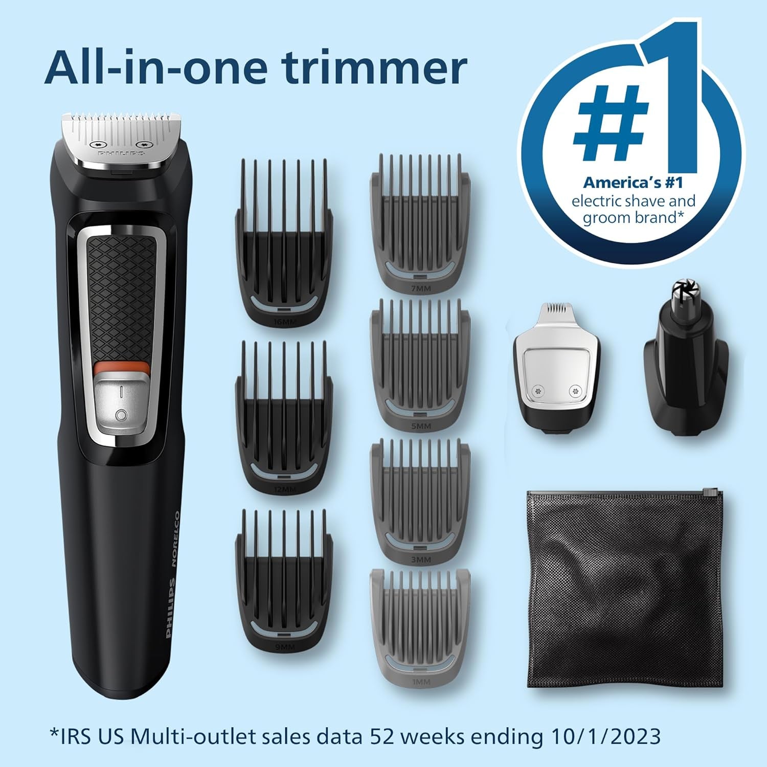 Philips Norelco Multi Groomer All-In-One Trimmer Series 3000-13 Piece Mens Grooming Kit for Beard, Face, Nose, Ear Hair Trimmer and Hair Clipper - NO Blade Oil Needed, MG3740/40