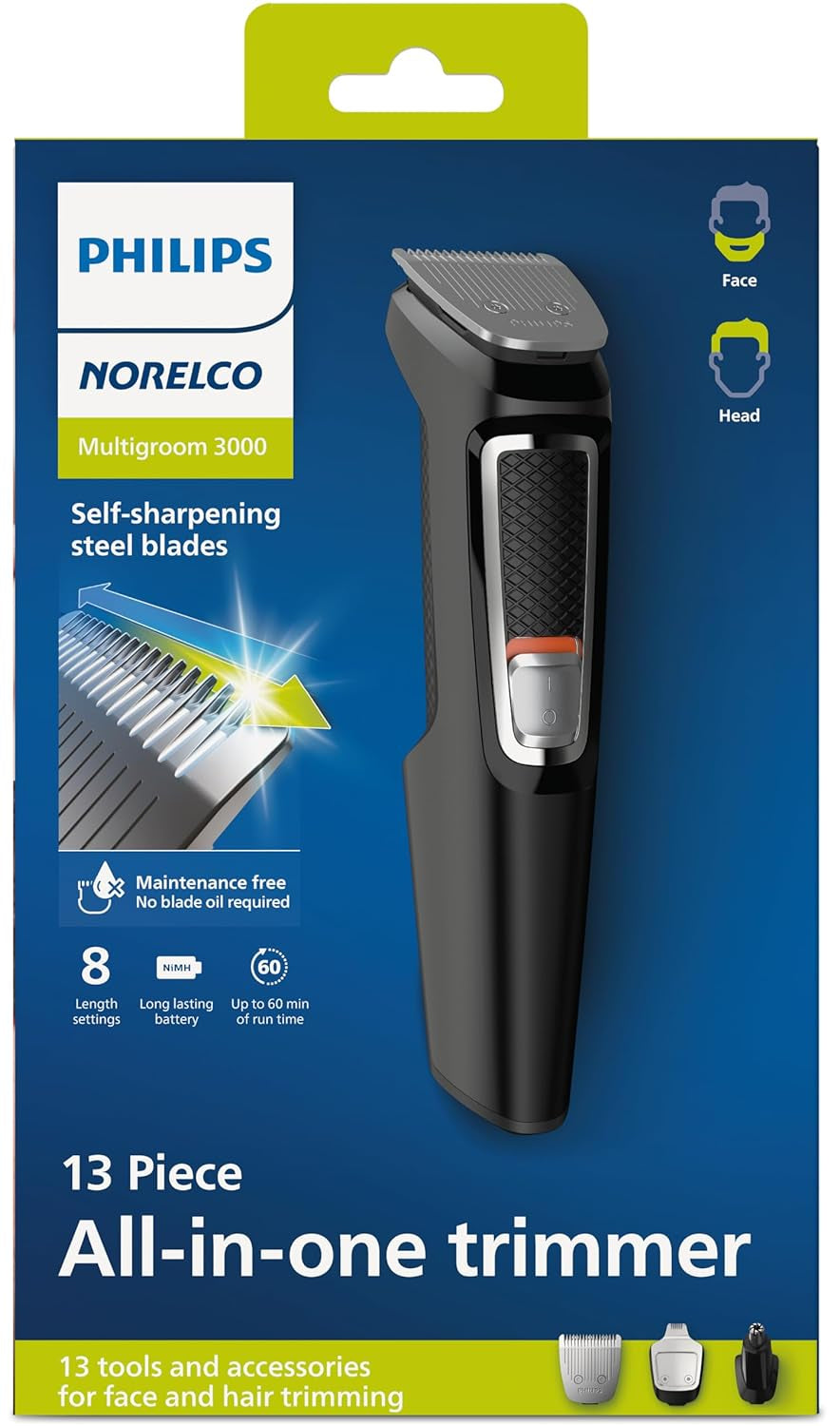 Philips Norelco Multi Groomer All-In-One Trimmer Series 3000-13 Piece Mens Grooming Kit for Beard, Face, Nose, Ear Hair Trimmer and Hair Clipper - NO Blade Oil Needed, MG3740/40