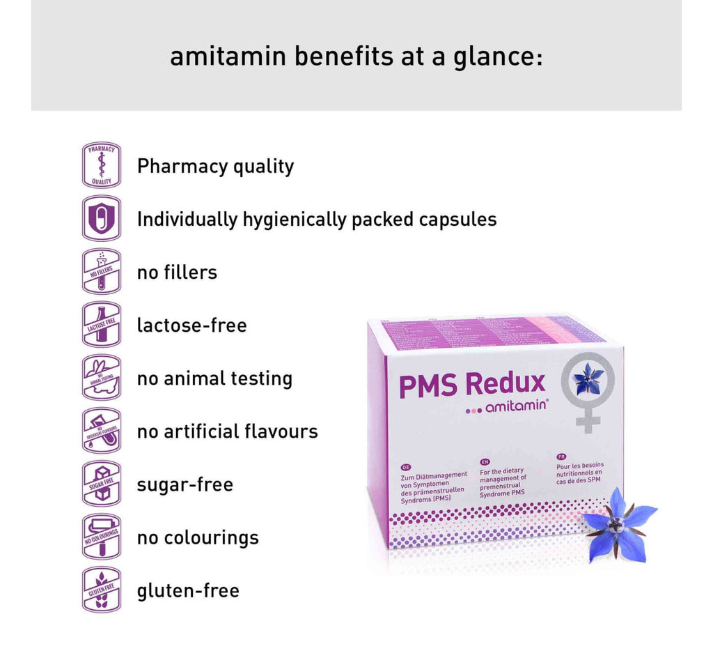 amitamin® PMS Redux - يقلل بشكل طبيعي من الدورة الشهرية بدون مواد اصطناعية أو هرمونات (تكفي 30 يومًا)