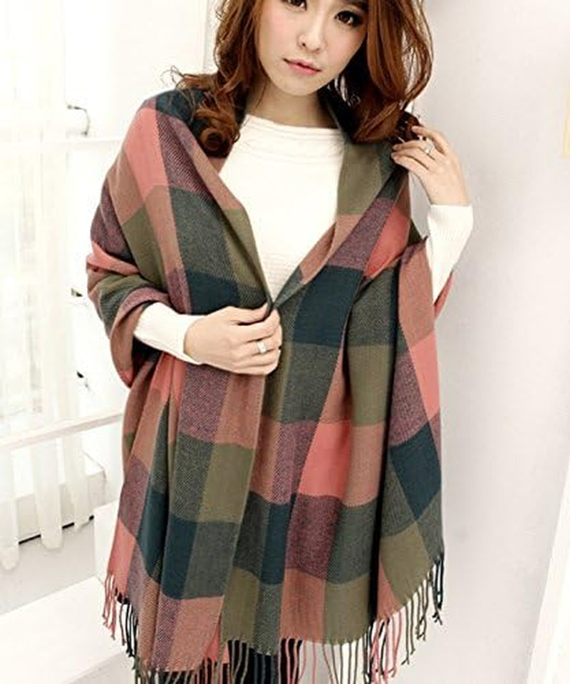 "Warm and Stylish: Wander Agio Women's Fashion Long Shawl - Stay Cozy with our Big Grid Winter Scarf"