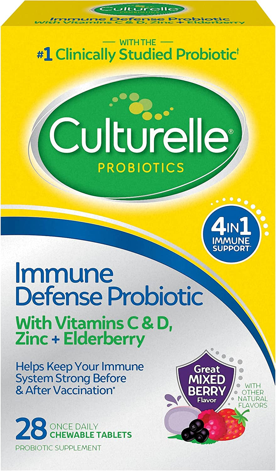 Culturelle Immune Defense Probiotic with Vitamin C, Vitamin D and Zinc + Elderberry, Non-Gmo, 4-In-1 Immune Support for Kids Ages 3+*, Mixed Berry Chewables, 30 Count - Free & Fast Delivery