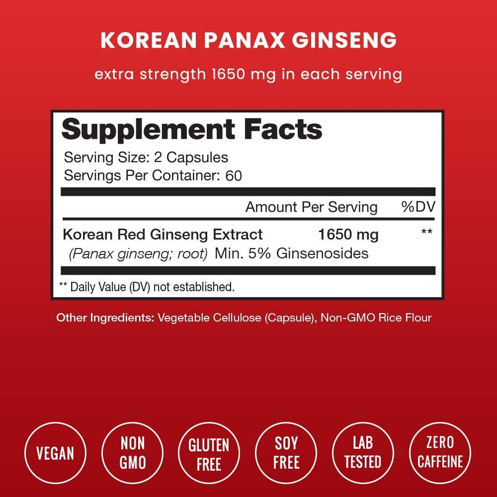 Nutrachamps Korean Red Panax Ginseng - 120 Vegan Capsules Extra Strength Root Extract Powder Supplement W/ High Ginsenosides