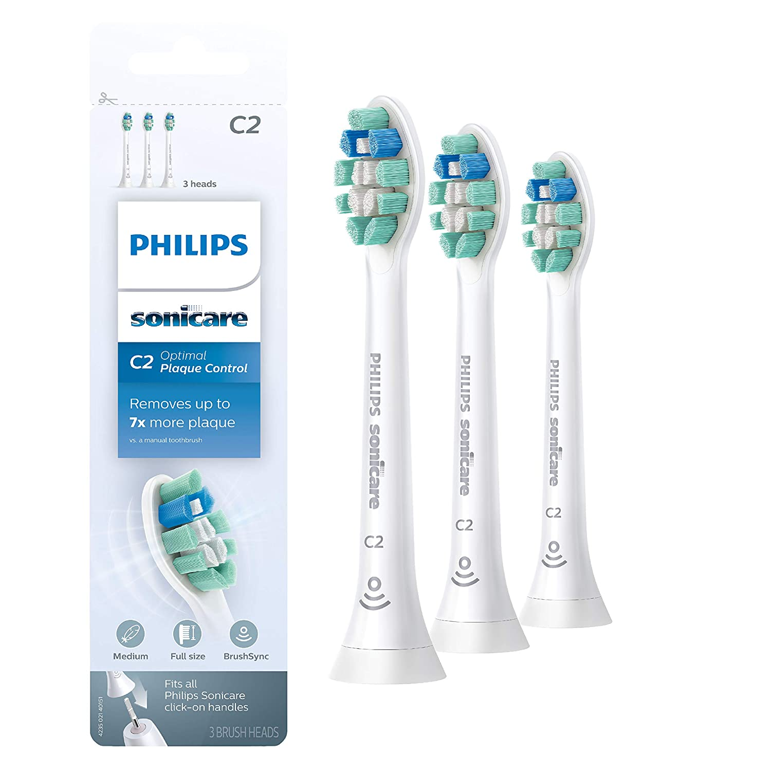 Philips Sonicare Genuine C2 Optimal Plaque Control Toothbrush Heads, 3 Brush Heads, White, HX9023/65