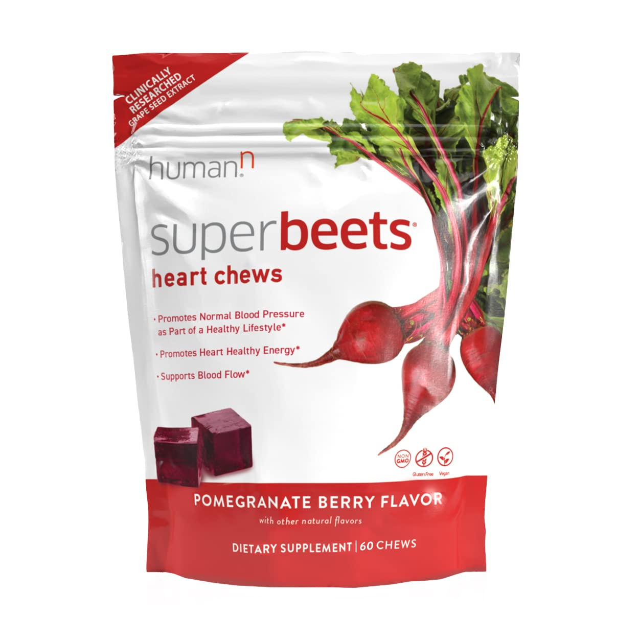 Humann Superbeets Heart Chews - Nitric Oxide Production for Daily Blood Pressure Support & Circulation - Grape Seed Extract & Non-Gmo Beet Energy Chews - Pomegranate Berry Flavor, 60 Count