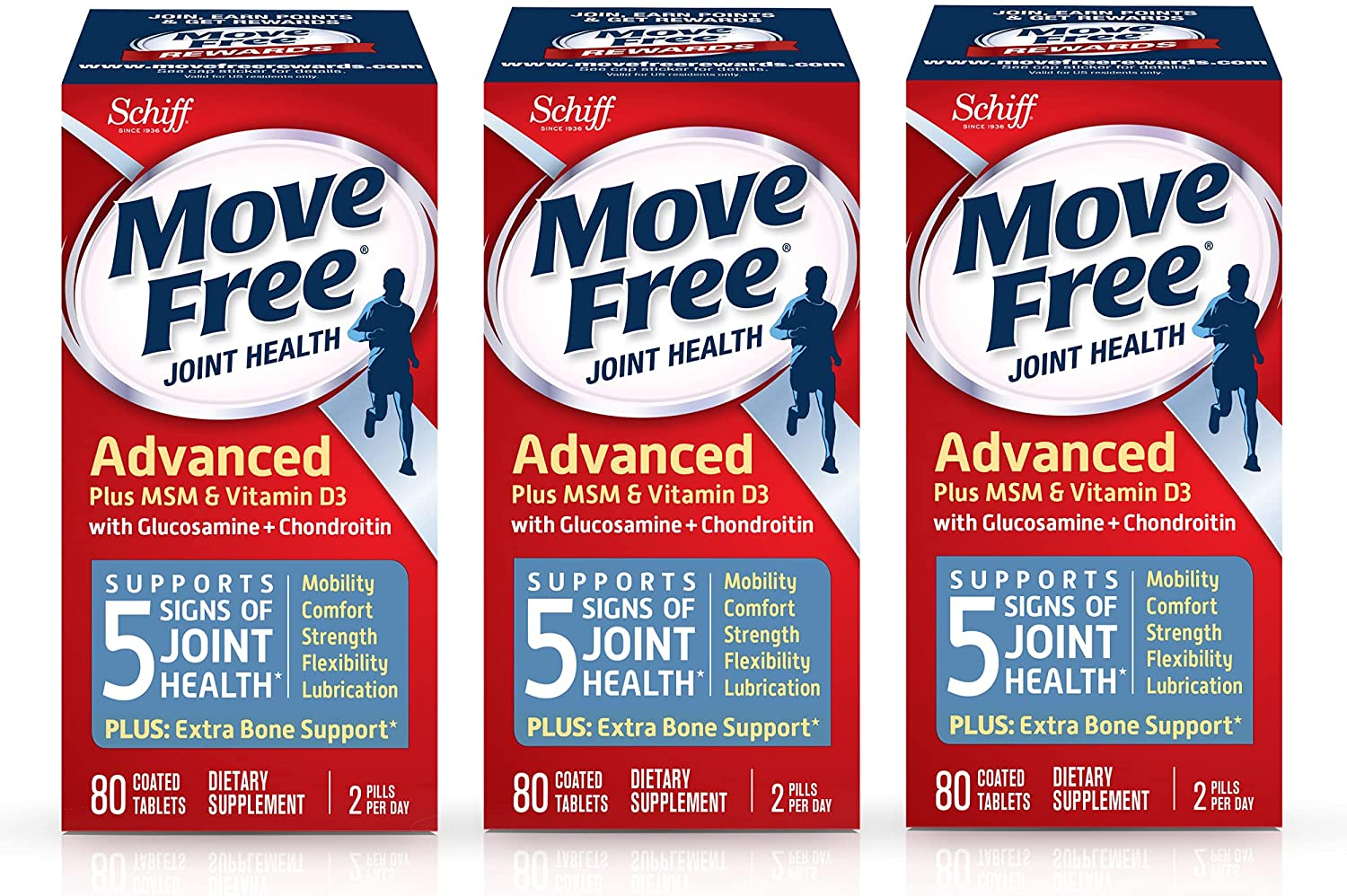 Move Free Glucosamine and Chondroitin plus MSM & D3 Advanced Joint Health Supplement Tablets, 160 Count (Pack of 2)