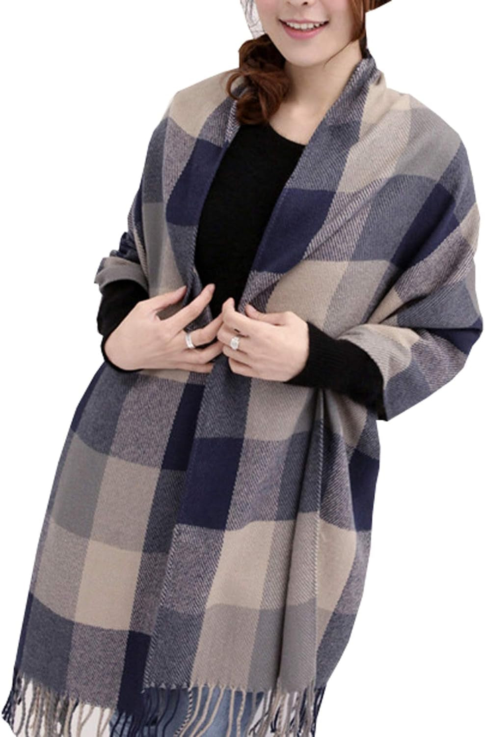 "Warm and Stylish: Wander Agio Women's Fashion Long Shawl - Stay Cozy with our Big Grid Winter Scarf"