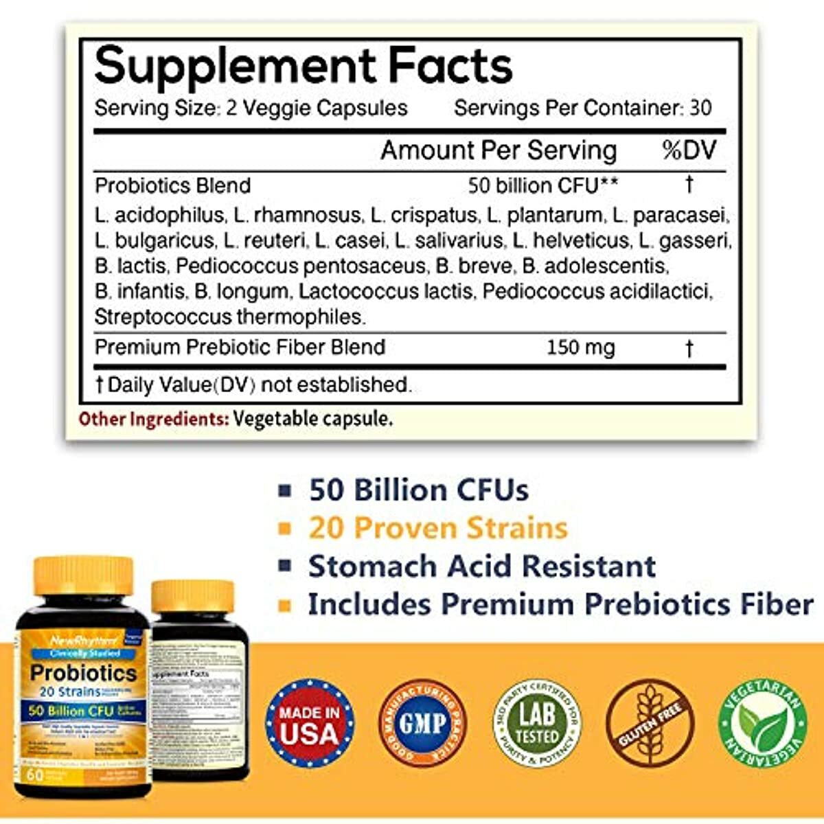 NewRhythm Probiotics 50 Billion CFU 20 Strains, 60 Veggie Capsules, Targeted Release Technology, Stomach Acid Resistant, No Need for Refrigeration, Non-GMO, Gluten Free