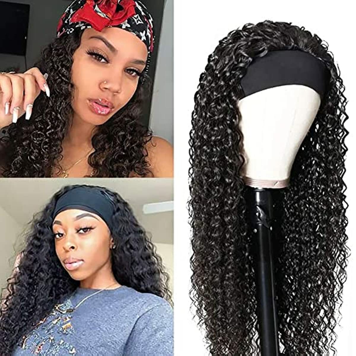 XSY Headband Wigs Human Hair Deep Wave 16 Inch Wig Glueless Headband Wig Deep Wave None Lace Front Wigs Human Hair for Black Women 150% Density Wig Curly Hair Natural Color